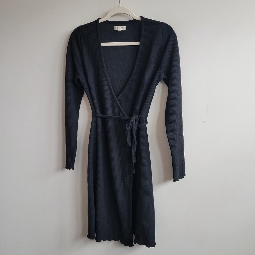 Madewell Ribbed Knit Wrap Mini Dress In true black - Picture 7 of 11